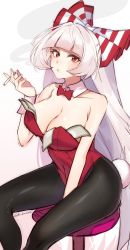 Rule 34 | 1girl, alternate costume, artist name, bad id, bad twitter id, bare shoulders, between fingers, between legs, black pantyhose, blunt bangs, blush, bow, bowtie, breasts, cigarette, cleavage, collarbone, commentary request, detached collar, fake tail, feet out of frame, fujiwara no mokou, gradient background, hair bow, hand between legs, hand up, highres, holding, holding cigarette, kamenozoki momomo, large breasts, leotard, long hair, looking at viewer, money, pantyhose, parted lips, pink background, rabbit tail, red bow, red bowtie, red eyes, red leotard, silver hair, simple background, sitting, sketch, smoking, solo, stool, tail, touhou, v-shaped eyebrows, very long hair, white background, white bow, wrist cuffs