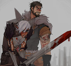 Rule 34 | 2boys, absurdres, armor, beard, black hair, blood, bloody weapon, cowboy shot, dark-skinned male, dark skin, dragon age, dragon age 2, elf, facial hair, facial mark, fenris (dragon age 2), full beard, fur-trimmed armor, fur trim, garrett hawke, glowing, glowing eyes, grey background, highres, holding, holding sword, holding weapon, hunched over, lunehowls, male focus, mature male, multiple boys, neck tattoo, pointy ears, short hair, shoulder tattoo, simple background, smile, sword, tattoo, weapon, white hair