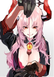 Rule 34 | 1girl, arm up, between breasts, black gloves, black jacket, blue archive, breasts, cleavage, coin, coin on string, gloves, gradient background, grin, half gloves, halo, hand up, horns, jacket, kuronuma s, large breasts, long hair, long sleeves, looking at viewer, mole, mole on breast, necktie, necktie between breasts, pink hair, red eyes, red necktie, satsuki (blue archive), smile, solo, upper body