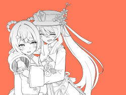Rule 34 | 2girls, ^ ^, blush, bow-shaped hair, bracelet, braid, breasts, china dress, chinese clothes, closed eyes, dress, facing another, fang, female focus, flower, genshin impact, greyscale with colored background, hair between eyes, hair ornament, hair ribbon, hairclip, happy, hat, hat flower, hu tao (genshin impact), hug, jewelry, long hair, long sleeves, looking at another, looking to the side, lucifina 006, multiple girls, multiple rings, open mouth, orange background, porkpie hat, ribbon, ring, short hair, sidelocks, simple background, skin fang, sleeveless, sleeveless dress, small breasts, smile, standing, sweat, tassel, twintails, upper body, xiangling (genshin impact)