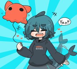 Rule 34 | +++, 1girl, :d, afterimage, balloon, black hoodie, blue background, blue hair, blush, closed eyes, commentary request, facing viewer, fins, fish tail, fuka-chan, grey skirt, hair between eyes, heart, highres, holding, holding balloon, hood, hood down, hoodie, long sleeves, motion lines, open mouth, original, puffy long sleeves, puffy sleeves, shark tail, sharp teeth, short eyebrows, skirt, sleeves past wrists, smile, solo, sunburst, sunburst background, tail, tail wagging, teeth, thick eyebrows, two-tone background, uni souchou