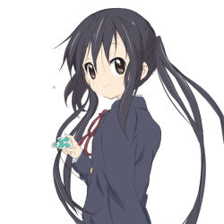 Rule 34 | 1girl, bad id, bad pixiv id, black hair, brown eyes, core (mayomayo), k-on!, long hair, nakano azusa, school uniform, simple background, solo, twintails, white background
