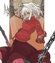Rule 34 | 1girl, altar, alternate color, antenna hair, arcueid brunestud, bad id, bad twitter id, black legwear, blood, blood on hands, breasts, chain, claws, colored sclera, commentary, commission, dark persona, english commentary, grin, hair intakes, highres, long skirt, medium breasts, melty blood, purple skirt, red arcueid, red eyes, red sclera, red sweater, sharp teeth, short hair, signature, skirt, slit pupils, smile, solo, sost fgo, sweater, teeth, throne, tsukihime, turtleneck, type-moon, white hair, yellow eyes