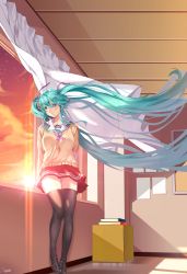 Rule 34 | 1girl, abiboge, absurdres, arms behind back, black thighhighs, cloud, colored eyelashes, curtains, eyelashes, floating hair, full body, green eyes, green hair, hair between eyes, hair ribbon, hatsune miku, highres, indoors, lens flare, long hair, looking at viewer, open window, orange sky, pleated skirt, red skirt, ribbon, sailor collar, school uniform, serafuku, shiny skin, shoes, skirt, sky, solo, sun, sunset, thighhighs, twintails, very long hair, vocaloid, wind, window, zettai ryouiki