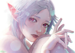 Rule 34 | 1girl, absurdres, chihirokrakauer, close-up, elf, highres, lens flare, lips, looking at viewer, mushoku tensei, parted bangs, pointy ears, portrait, red eyes, signature, solo, sylphiette (mushoku tensei), white hair