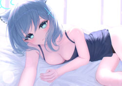 Rule 34 | 1girl, absurdres, alternate costume, animal ear fluff, animal ears, black panties, blue archive, blue eyes, blue halo, blush, breasts, casual, chestnut mouth, closed mouth, cross hair ornament, extra ears, grey hair, hair ornament, halo, highres, looking at viewer, lying, medium breasts, medium hair, mi7t0, mismatched pupils, on bed, on side, panties, shiroko (blue archive), solo, tank top, underwear, wolf ears