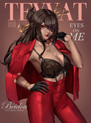 Rule 34 | absurdres, alternate costume, beidou (genshin impact), black gloves, bra, bracelet, breasts, chain, choker, cover, earrings, english text, eyepatch, genshin impact, gloves, hair ornament, hair stick, hairpin, highres, jacket, jewelry, large breasts, magazine cover, meister staze, necklace, one eye covered, pants, colored eyepatch, red eyes, red jacket, red pants, solo, underwear