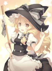 Rule 34 | 1girl, bad id, bad pixiv id, blonde hair, braid, broom, female focus, h2so4, hand on own hip, hat, hip focus, kirisame marisa, long hair, pointing, solo, touhou, witch, witch hat, yellow eyes, yellow theme