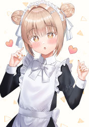 Rule 34 | 1girl, :o, apron, bad id, bad pixiv id, black dress, blush, brown background, brown eyes, brown hair, colored eyelashes, commentary request, double bun, dress, frilled apron, frills, hair between eyes, hair bun, hands up, heart, highres, juliet sleeves, kubong, long sleeves, looking at viewer, maid, maid apron, maid headdress, original, parted lips, puffy sleeves, sidelocks, simple background, solo, white apron