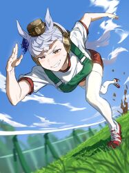 Rule 34 | 1girl, animal ears, blue bow, blue sky, blush, bow, brown headwear, cloud, commentary request, day, dirt, ear bow, ear covers, fence, flying sweatdrops, full body, gold ship (umamusume), grass, grey hair, grin, gym uniform, high heel sneakers, highres, horse ears, horse girl, koppe koppe, long hair, motion blur, outdoors, pillbox hat, pink eyes, race bib, racetrack, red footwear, red shorts, running, shirt, shoes, short sleeves, shorts, sky, smile, sneakers, solo, sweat, teeth, thighhighs, tree, umamusume, very long hair, white shirt, white thighhighs
