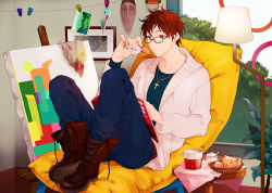 Rule 34 | 1boy, alternate costume, arm up, axis powers hetalia, basket, bespectacled, book, boots, brown hair, canvas (object), chair, cross, cross-laced footwear, cup, easel, food, glasses, green eyes, jacket, jewelry, lamp, male focus, napkin, necklace, open book, painting (object), pants, pillow, reading, short hair, sitting, solo, spain (hetalia), ueda (atsu), window