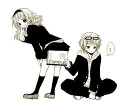 Rule 34 | 1boy, 1girl, :|, anzu (o6v6o), bent over, blush, book, closed mouth, covering another&#039;s ass, crossed legs, eyewear on head, glasses, greyscale, grin, gumi, gumiya, hairband, hand on own leg, holding, holding book, hood, hood down, hooded, jacket, kneehighs, looking at viewer, looking back, monochrome, pants, scarf, shoes, short hair with long locks, sidelocks, simple background, sitting, skirt, smile, socks, standing, sweatdrop, translation request, v-shaped eyebrows, vocaloid, w, white background