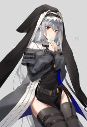 Rule 34 | 1girl, arknights, artist name, belt, belt pouch, black dress, black nails, black thighhighs, breasts, chain, chain necklace, chinese commentary, coat, cowboy shot, dated, dress, eyelashes, garter straps, grey background, grey coat, grey hair, habit, hair between eyes, highres, jewelry, long hair, long sleeves, looking at viewer, meng ziya, nail polish, necklace, nun, open clothes, open coat, own hands clasped, own hands together, parted lips, pelvic curtain, pouch, red eyes, ribbed dress, simple background, skindentation, small breasts, smile, solo, specter (arknights), thigh strap, thighhighs, thighs, turtleneck, veil