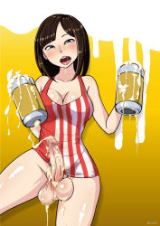 Rule 34 | 1futa, artificial vagina, beer mug, black hair, bottomless, breasts, censored, cum, cum in container, cup, drooling, erection, futanari, highres, large breasts, large penis, looking at viewer, mosaic censoring, mug, open mouth, penis, sex toy, solo, sunao (xxy470), testicles, tongue, tongue out