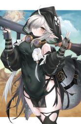 Rule 34 | 1girl, absurdres, arknights, black dress, black hair, black jacket, black thighhighs, blue sky, cloud, commentary, cowboy shot, crocodilian tail, desert, dress, frown, gauntlets, goggles, goggles around neck, grenade launcher, grey hair, gun, hair over one eye, highres, holding, holding gun, holding weapon, hood, hood up, jacket, long hair, looking at viewer, multicolored hair, outdoors, pelvic curtain, pointy ears, putcho, sky, solo, streaked hair, tail, thighhighs, thighs, tomimi (arknights), torn clothes, torn thighhighs, weapon, yellow eyes