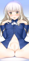 Rule 34 | 1girl, blonde hair, blush, bottomless, breasts, censored, unworn eyewear, glasses, highres, long hair, medium breasts, military, panties, perrine h. clostermann, pussy, solo, spread legs, strike witches, suzume inui, underwear, uniform, world witches series, yellow eyes