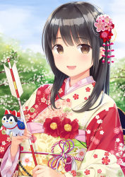 Rule 34 | 1girl, :d, arrow (projectile), bad id, bad pixiv id, black hair, blunt bangs, blush, brown eyes, commentary request, day, floral print, flower, hair flower, hair ornament, hamaya, highres, holding, holding arrow, japanese clothes, kimono, long hair, long sleeves, looking at viewer, multicolored clothes, multicolored kimono, n.g., nail polish, obi, open mouth, original, outdoors, pink flower, print kimono, red flower, red kimono, sash, sidelocks, sky, smile, solo, white kimono, wide sleeves