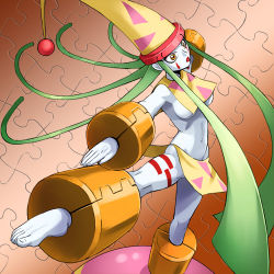 Rule 34 | 1990s (style), 1girl, :o, ankle cuffs, blue skin, breasts, colored skin, cuffs, green hair, haruyama kazunori, hat, jigsaw puzzle, lowres, medium breasts, midriff, navel, open mouth, outstretched arms, pagliaccio, purple eyes, puzzle, retro artstyle, sideboob, solo, standing, standing on one leg, stomach, striped, tate eboshi, vertical stripes, yuusha ou gaogaigar, yuusha series