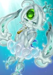 Rule 34 | 1girl, barefoot, blue theme, colored skin, crown, curss, detached hair, dress, green eyes, grey hair, grey skin, highres, holding, icejade aegirine, jellyfish, jewelry, looking at viewer, mini crown, monster girl, necklace, original, own hands together, parted lips, pigeon-toed, pointy ears, slime girl, solo, tears, twintails, underwater, white dress, yu-gi-oh!