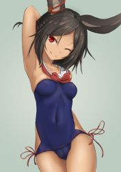Rule 34 | 1girl, ;), animal ears, arm behind back, arm behind head, arm up, armpits, azur lane, black hair, blue one-piece swimsuit, breasts, casual one-piece swimsuit, closed mouth, collarbone, commentary request, covered navel, cowboy shot, dark-skinned female, dark skin, grey background, groin, head tilt, i-26 (azur lane), medium hair, one-piece swimsuit, one eye closed, one side up, parted bangs, red eyes, red neckwear, red ribbon, ribbon, ribbon-trimmed swimsuit, ribbon trim, sailor collar, simple background, small breasts, smile, solo, swimsuit, west 24, white sailor collar