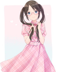 Rule 34 | 1girl, black hair, blue eyes, bow, breasts, closed mouth, dot nose, dress, frilled dress, frills, glasses, gradient background, grid background, hands up, heart, highres, holding, holding own hair, idolmaster, idolmaster shiny colors, long hair, looking at viewer, mitsumine yuika, neck ribbon, outside border, pachiko, pink-framed eyewear, pink bow, pink dress, plaid, plaid bow, plaid dress, red ribbon, ribbon, semi-rimless eyewear, short sleeves, small breasts, smile, solo, twintails, under-rim eyewear