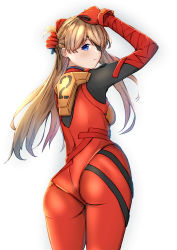 Rule 34 | 1girl, ass, bandaged arm, bandages, blue eyes, bodysuit, breasts, brown hair, eyepatch, from behind, frown, gloves, hair ornament, hairclip, hand on head, highres, long hair, looking at viewer, neon genesis evangelion, plugsuit, solo, souryuu asuka langley, standing, thighs
