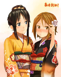 Rule 34 | 2girls, akiyama mio, blush, floral print, flower, fukutarou (enji127), furisode, japanese clothes, k-on!, kimono, multiple girls, new year, obi, sash, smile, tainaka ritsu