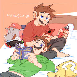 Rule 34 | 2boys, ? block, alternate costume, baggy pants, bed, big nose, black pants, blue eyes, blue overalls, book, brothers, brown hair, cabbie hat, cellphone, character name, closed eyes, closed mouth, commentary request, cosplay, elephant mario, english text, facial hair, frown, gloves, green shirt, grip trainer, half-closed eyes, hat, highres, holding, holding book, holding phone, jinji (pixiv 94305117), lap pillow, looking at viewer, luigi, lying, lying on another, mario, mario (cosplay), mario (series), midriff peek, multiple boys, mustache, navel, nintendo, no headwear, object request, on back, on bed, on stomach, open book, orange background, overalls, pants, phone, pillow, reading, red headwear, red shirt, shirt, short hair, short sleeves, siblings, sitting, smartphone, spiked hair, stuffed elephant, stuffed toy, super mario bros. wonder, super star (mario), sweater, t-shirt, white gloves