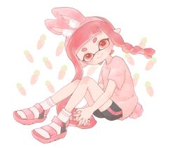 Rule 34 | 1girl, animal ear hairband, animal ears, animal print, bike shorts, braid, carrot background, closed mouth, commentary, fake animal ears, food-themed background, full body, hairband, highres, inkling, inkling girl, inkling player character, long hair, looking at viewer, nintendo, pink hairband, pink shirt, print shirt, rabbit ears, rabbit print, red eyes, red hair, remoneeed 22, sandals, shirt, short eyebrows, single braid, sitting, smile, socks, solo, splatoon (series), splatoon 3, symbol-only commentary, tentacle hair, thick eyebrows, white background, white socks