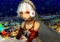 Rule 34 | 1girl, absurdres, altera (fate), altera the santa (fate), bare shoulders, collarbone, dark-skinned female, dark skin, detached sleeves, earmuffs, fate/grand order, fate (series), headdress, highres, kusaba eru (happy crystal), looking at viewer, night, night sky, photon ray (fate), red eyes, short hair, sky, smile, snowing, solo, tagme, tan, tattoo, white hair