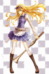Rule 34 | 1girl, alice (alice in wonderland), alice in wonderland, apron, belt, blonde hair, blue eyes, boots, bow, checkered background, cross-laced footwear, frills, hair bow, lace-up boots, long hair, ribbon, skirt, solo, suzuya akinori, thighhighs, white thighhighs, zettai ryouiki