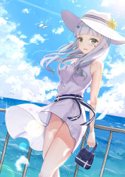 Rule 34 | 1girl, absurdres, alternate costume, arms behind back, bag, belt, bird, blue panties, blue sky, blunt bangs, blush, breasts, casual, cloud, day, dress, facial mark, feathers, floating hair, girls&#039; frontline, green eyes, hair ornament, hat, highres, hk416 (girls&#039; frontline), holding, holding bag, locked boy, long hair, looking at viewer, medium breasts, open mouth, outdoors, panties, pantyshot, sidelocks, silver hair, sky, sleeveless, sleeveless dress, smile, solo, sparkle, standing, striped clothes, striped panties, sun hat, sunlight, teardrop, thighs, underwear, very long hair, white dress, wind, wind lift