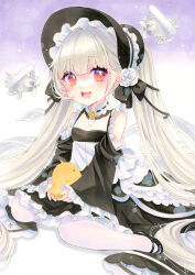 Rule 34 | 1girl, aircraft, airplane, azur lane, bare shoulders, biplane, black dress, black footwear, black hat, blush, bonnet, child, clothing cutout, detached collar, dress, flower, frilled dress, frilled sleeves, frills, full body, hat, hat flower, highres, light brown hair, little formidable (azur lane), long hair, long sleeves, manjuu (azur lane), marker (medium), mimi (mini1474), open mouth, pantyhose, red eyes, shoulder cutout, sitting, smile, solo, teeth, traditional media, twintails, upper teeth only, very long hair, wariza, white pantyhose, wide sleeves