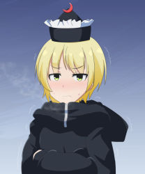 Rule 34 | 1girl, black jacket, blonde hair, blue background, breath, cato (monocatienus), cold, commentary, crescent, crescent hat ornament, eyes visible through hair, gradient background, green eyes, hat, hat ornament, highres, hood, hood down, hooded jacket, jacket, long sleeves, looking at viewer, lunasa prismriver, short hair, simple background, solo, touhou, trembling, upper body, wavy mouth