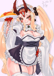 Rule 34 | 1girl, alternate costume, arm up, armpits, blonde hair, blush, breasts, cleavage, closed mouth, colored skin, earrings, enmaided, facial mark, fang, fate/grand order, fate (series), frills, garter straps, hair ornament, highres, holding, holding tray, horns, ibaraki douji (fate), jewelry, long hair, long sleeves, looking at viewer, maid, maid headdress, masakatsu (xg-70b), medium breasts, oni, orange eyes, puffy sleeves, red skin, simple background, skin fang, smile, solo, thighhighs, thighs, tray, unconventional maid, very long hair, white background, white thighhighs, zettai ryouiki
