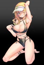 Rule 34 | 1girl, adjusting clothes, adjusting swimsuit, arm up, armpits, barefoot, black background, blonde hair, blush, breasts, cleavage, collarbone, commission, earrings, full body, green eyes, grin, highres, jewelry, k pring, large breasts, looking at viewer, original, parted lips, seiza, simple background, sitting, smile, solo, swimsuit, teeth, visor cap