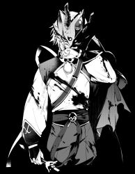 Rule 34 | 1boy, black background, blood, blood on clothes, blood on face, broken mask, fate/grand order, fate (series), greyscale, highres, horned mask, mask, monochrome, prince of lan ling (fate), serious, solo, sword, tki 716, weapon, wiping face