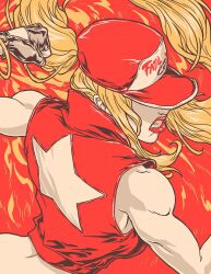 Rule 34 | 1girl, arm up, baseball cap, blonde hair, breasts, fatal fury, fatal fury cap, fingerless gloves, genderswap, genderswap (mtf), gloves, hat, highres, large breasts, long hair, midriff, muscular, navel, open mouth, ponytail, sebastian von buchwald, shirt, simple background, snk, snk heroines: tag team frenzy, solo, terry bogard, the king of fighters, vest