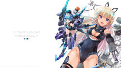 Rule 34 | 2girls, alice gear aegis, araime yasuri, armor, bare shoulders, blonde hair, blue eyes, blue hair, blue leotard, blunt bangs, bodysuit, breasts, character name, cleavage cutout, clothing cutout, copyright name, covered navel, cowboy shot, elbow gloves, frame arms girl, gloves, gun, hair ribbon, headgear, highres, hresvelgr, komatsu eiji, leg armor, leotard, mecha musume, multiple girls, official art, open mouth, outstretched arms, paint, paintbrush, purple eyes, ribbon, skin tight, smile, spread arms, thighhighs, thrusters, weapon, wire cutters