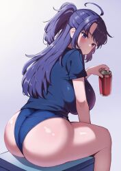 Rule 34 | 1girl, 9eep, absurdres, ahoge, ass, black shirt, blue archive, blue buruma, blush, breasts, buruma, can, from behind, grey background, gym uniform, halo, highres, holding, holding can, huge breasts, long hair, looking back, official alternate costume, purple eyes, purple hair, shirt, short sleeves, sitting, solo, thighs, yuuka (blue archive), yuuka (track) (blue archive)