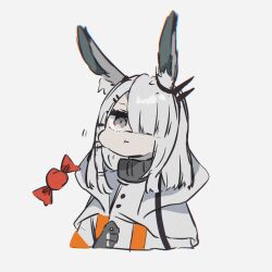 Rule 34 | 1girl, :t, animal ear fluff, animal ears, arknights, candy, cheek bulge, coat, ear ornament, food, frostnova (arknights), grey eyes, grey hair, hair ornament, hair over one eye, hairclip, highres, medium hair, one eye covered, pale skin, rabbit ears, rabbit girl, ruozhe, scar, scar on face, scar on nose, simple background, solo, upper body, white background, white coat