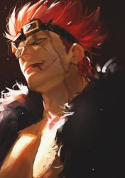 Rule 34 | 1boy, eustass kid, feather boa, from below, goggles, goggles on head, highres, looking at viewer, male focus, one piece, pectoral cleavage, pectorals, portrait, red hair, scar, scar across eye, scar on face, short hair, sideburns, smile, solo, spiked hair, toned, toned male, yonekura naoyasu