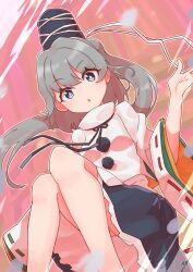 Rule 34 | 1girl, absurdres, black hat, black skirt, bright pupils, commentary, frilled skirt, frills, grey eyes, grey hair, hat, highres, japanese clothes, kariginu, long hair, long sleeves, looking at viewer, mononobe no futo, open mouth, pink background, pom pom (clothes), ponytail, ribbon-trimmed sleeves, ribbon trim, skirt, solo, tate eboshi, touhou, turtleneck, white pupils, wide sleeves, zanasta0810