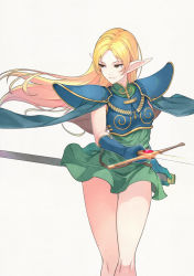 Rule 34 | 1girl, armor, blonde hair, breasts, cape, circlet, commentary request, deedlit, dress, elf, frown, gem, green eyes, highres, holding, holding sword, holding weapon, long hair, looking to the side, pointy ears, record of lodoss war, simple background, solo, sword, weapon, white background, yunar