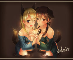 Rule 34 | 2girls, animal ears, bare shoulders, between breasts, blonde hair, blue eyes, blush, bottomless, breasts, brown eyes, brown hair, chocolate, collarbone, dog ears, dog tail, eclair (food), eila ilmatar juutilainen, fang, food, fox ears, fox tail, french text, gertrud barkhorn, long hair, military, military uniform, multiple girls, one eye closed, open clothes, open mouth, open shirt, pastry, sexually suggestive, shirt, strike witches, tail, twintails, undressing, uniform, wink, world witches series, yamori (stom), yuri