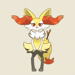 Rule 34 | 1girl, absurdres, animal ear fluff, animal ears, animal feet, animal hands, animal nose, black fur, body fur, braixen, creatures (company), female focus, flat chest, fox ears, fox girl, fox tail, full body, furry, furry female, game freak, gen 6 pokemon, happy, highres, legs, looking at viewer, multicolored fur, neck fur, nintendo, open mouth, pigeon-toed, pokemon, pokemon (creature), red eyes, simple background, smile, solo, standing, stick, straight-on, tail, watamonya, white fur, yellow background, yellow fur