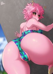 Rule 34 | 1girl, absurdres, artist name, ashido mina, ass, ass focus, backless outfit, bare shoulders, black sclera, boku no hero academia, colored sclera, colored skin, commentary, covered anus, curly hair, highres, horns, jmg, leotard, looking at viewer, partially visible vulva, pink hair, pink skin, pink skirt, short hair, signature, skirt, smile, solo, thick thighs, thighs, yellow eyes
