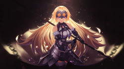 Rule 34 | 1girl, armor, armored dress, banner, black gloves, black thighhighs, blonde hair, blue eyes, blurry, blurry background, breasts, breasts apart, closed mouth, cowboy shot, detached sleeves, dress, fate/apocrypha, fate (series), faulds, floating hair, fur-trimmed legwear, fur-trimmed sleeves, fur trim, gloves, headpiece, highres, holding, jeanne d&#039;arc (fate), jeanne d&#039;arc (ruler) (fate), large breasts, long hair, long sleeves, looking at viewer, maoii, sleeveless, sleeveless dress, solo, standing, thighhighs, v-shaped eyebrows, very long hair