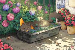 Rule 34 | absurdres, animal, animal focus, bathing, bird, black fur, closed eyes, dappled sunlight, dated, day, ear down, fence, flower, fox, highres, hua hua de meme, hydrangea, iron fence, lily pad, no humans, original, outdoors, partially submerged, pink flower, plant, potted plant, purple flower, red flower, signature, smile, sparrow, sunlight, tile floor, tiles, water lily flower