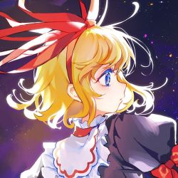 Rule 34 | 1girl, arm up, black shirt, blonde hair, blue eyes, bow, hair between eyes, hair bow, hairband, hand up, hinasumire, looking to the side, medicine melancholy, night, night sky, open mouth, puffy short sleeves, puffy sleeves, red bow, red hairband, red neckwear, shirt, short hair, short sleeves, sky, solo, star (sky), starry sky, touhou, upper body